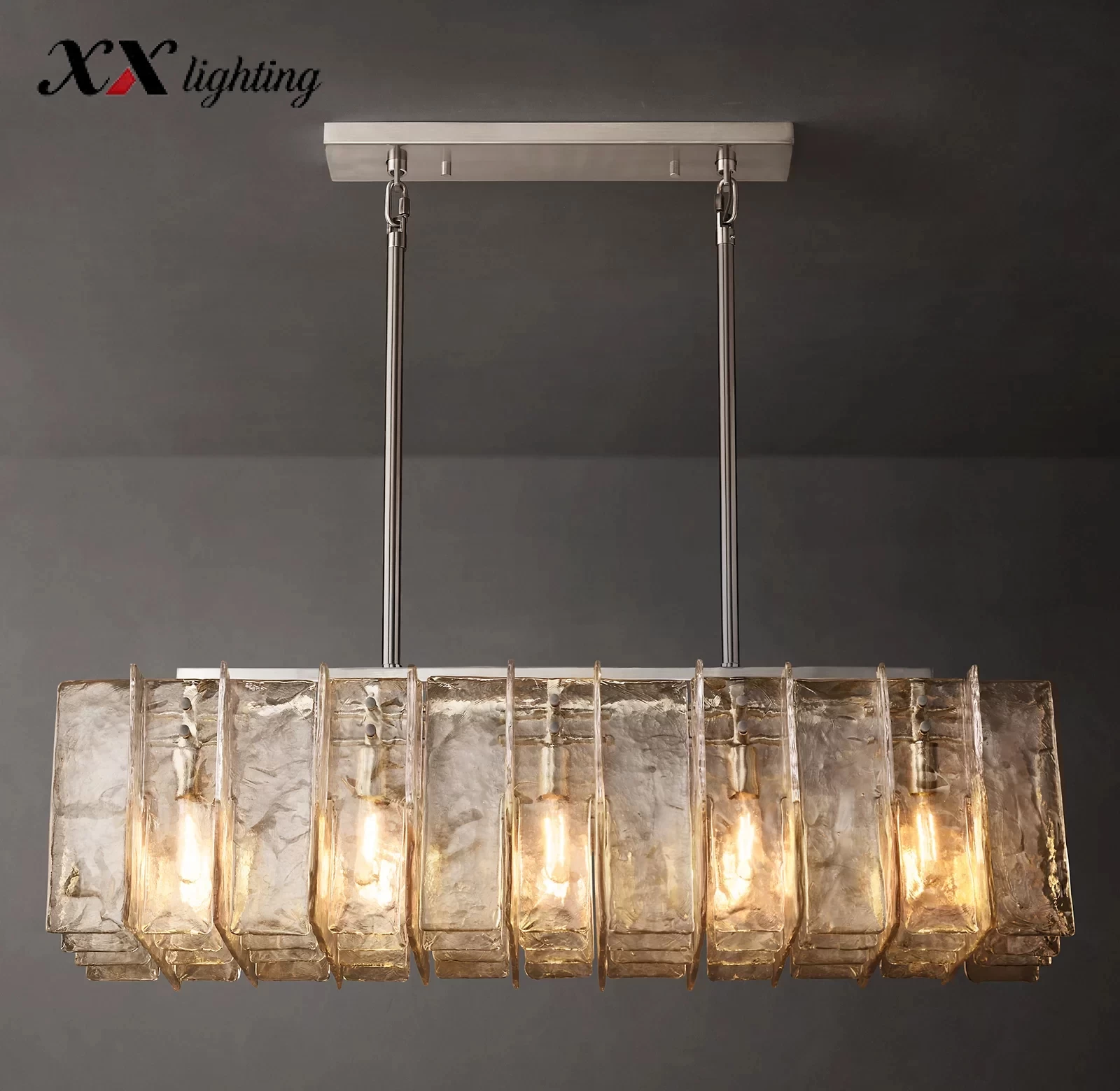 Lattice Clear Glass Rectangular Chandelier 49″ - 49″, Satin Nickel