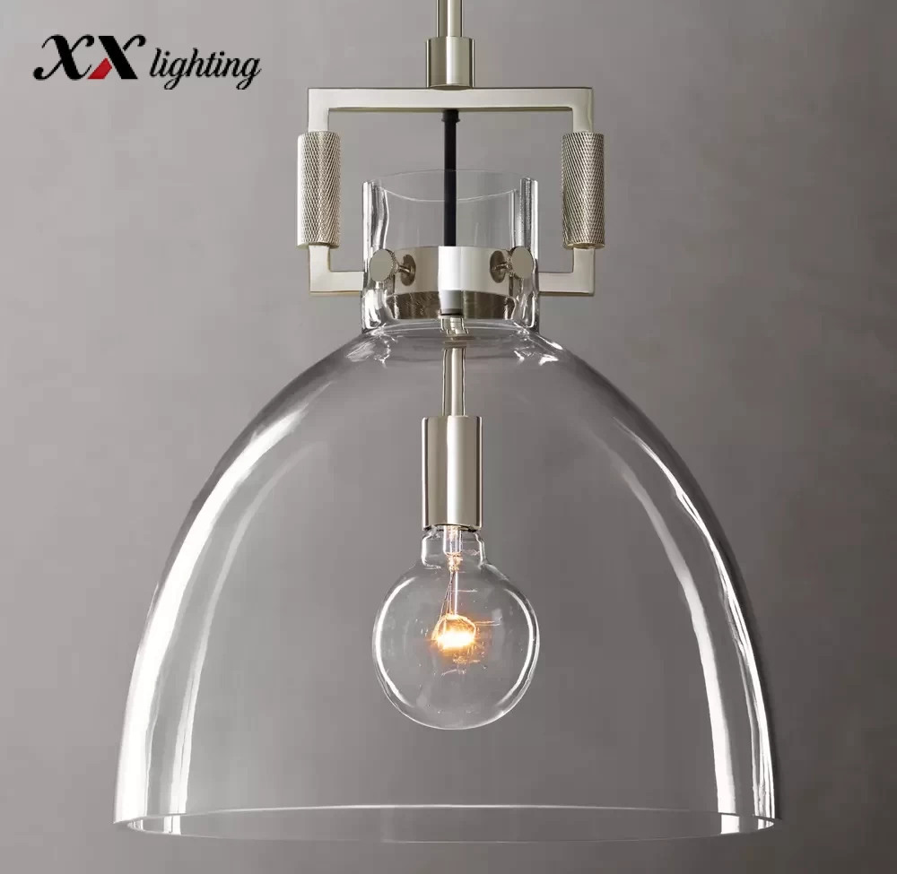 Machinist Glass Cloche Pendant 10 inch - 10″, Polished Nickel