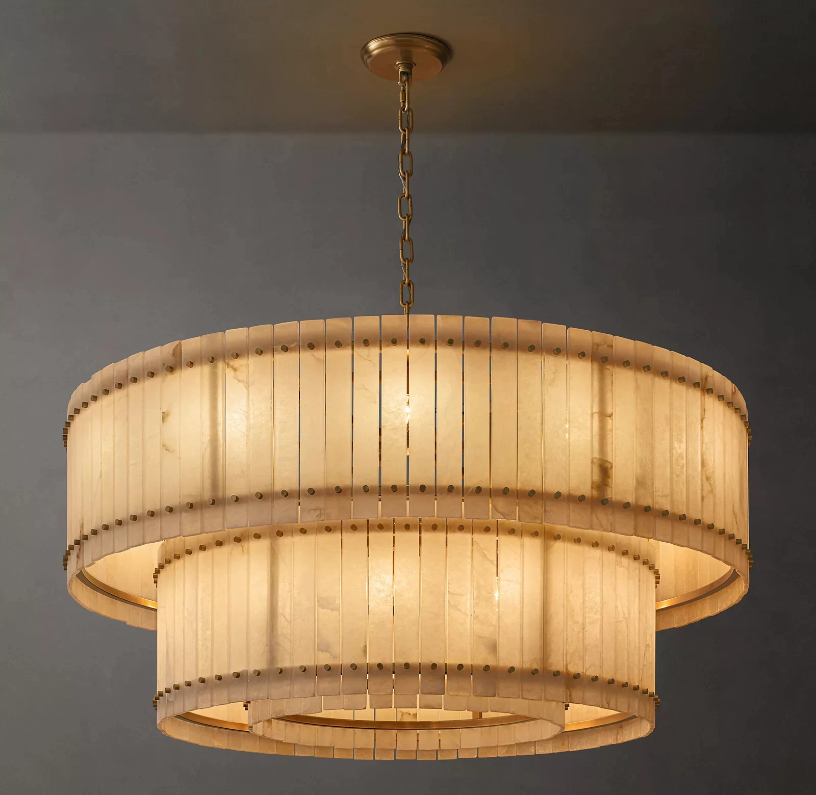Alabaster Two-Tier Round Chandelier 22½″ - 60″, Polished Nickel