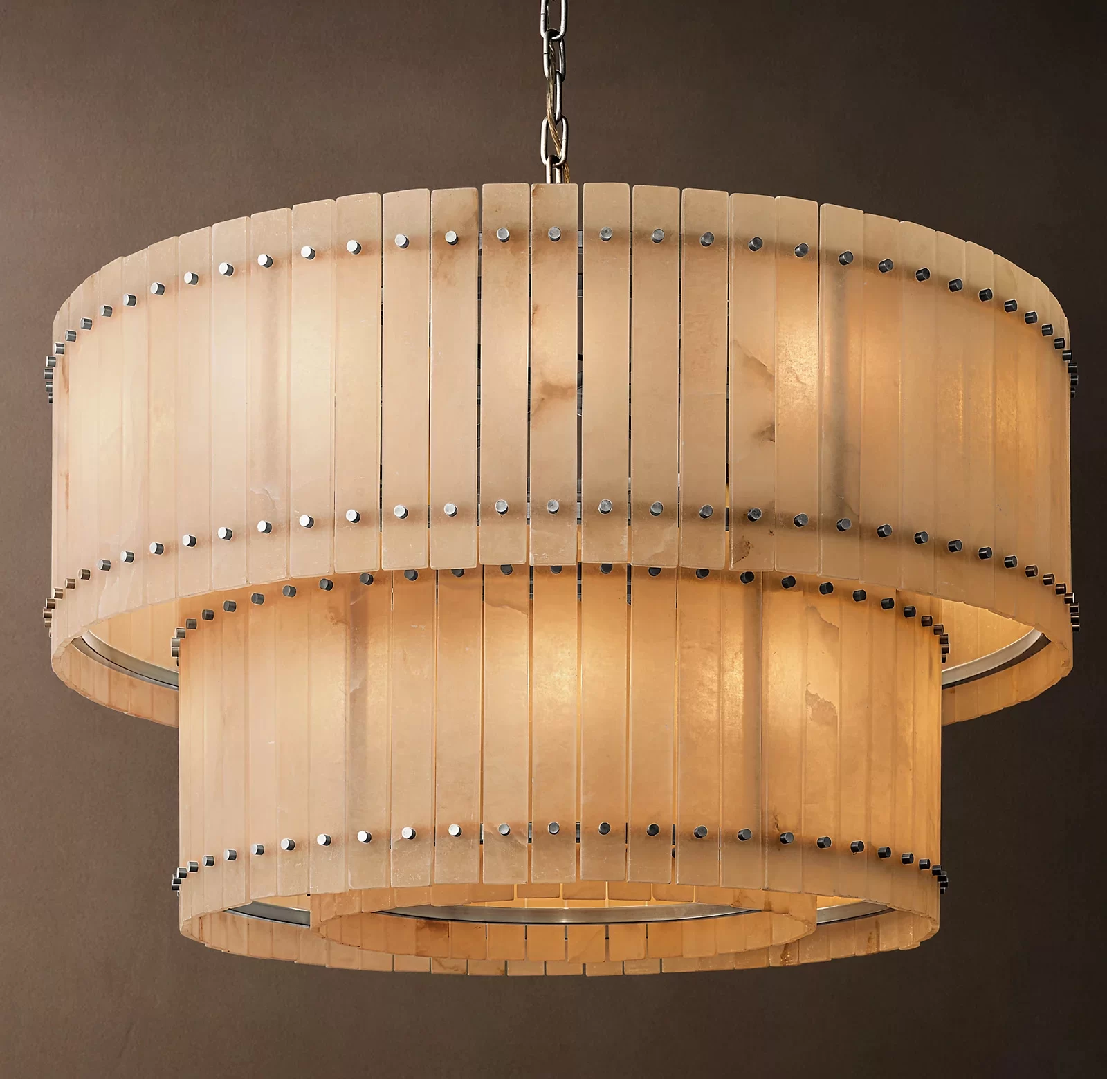 Alabaster Two-Tier Round Chandelier 22½″ - 48″, Polished Nickel
