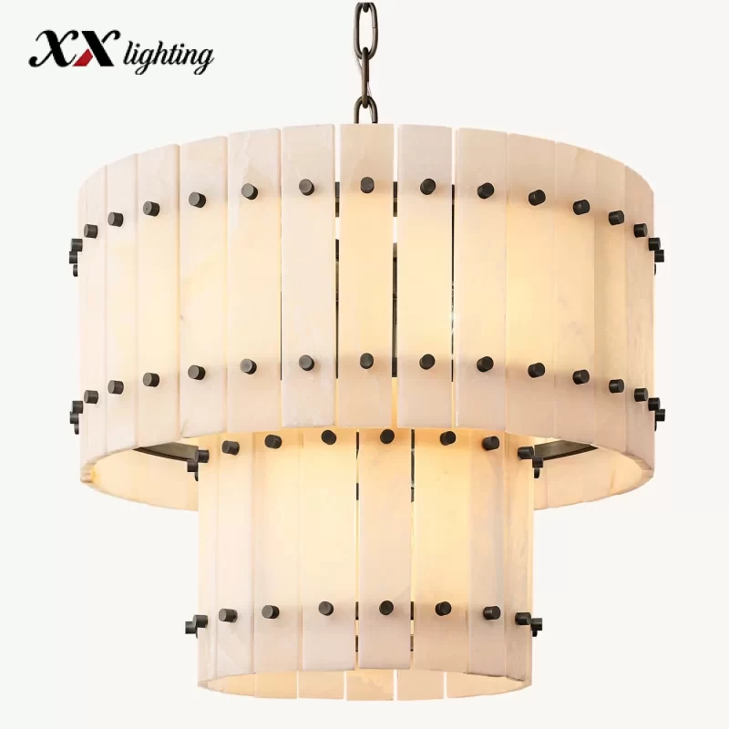Alabaster Two-Tier Round Chandelier 22½″ - 22½″, Polished Nickel