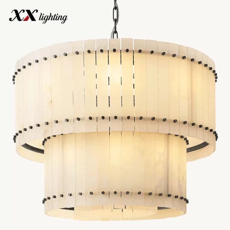 Alabaster Two-Tier Round Chandelier 22½″ - 37″, Polished Nickel