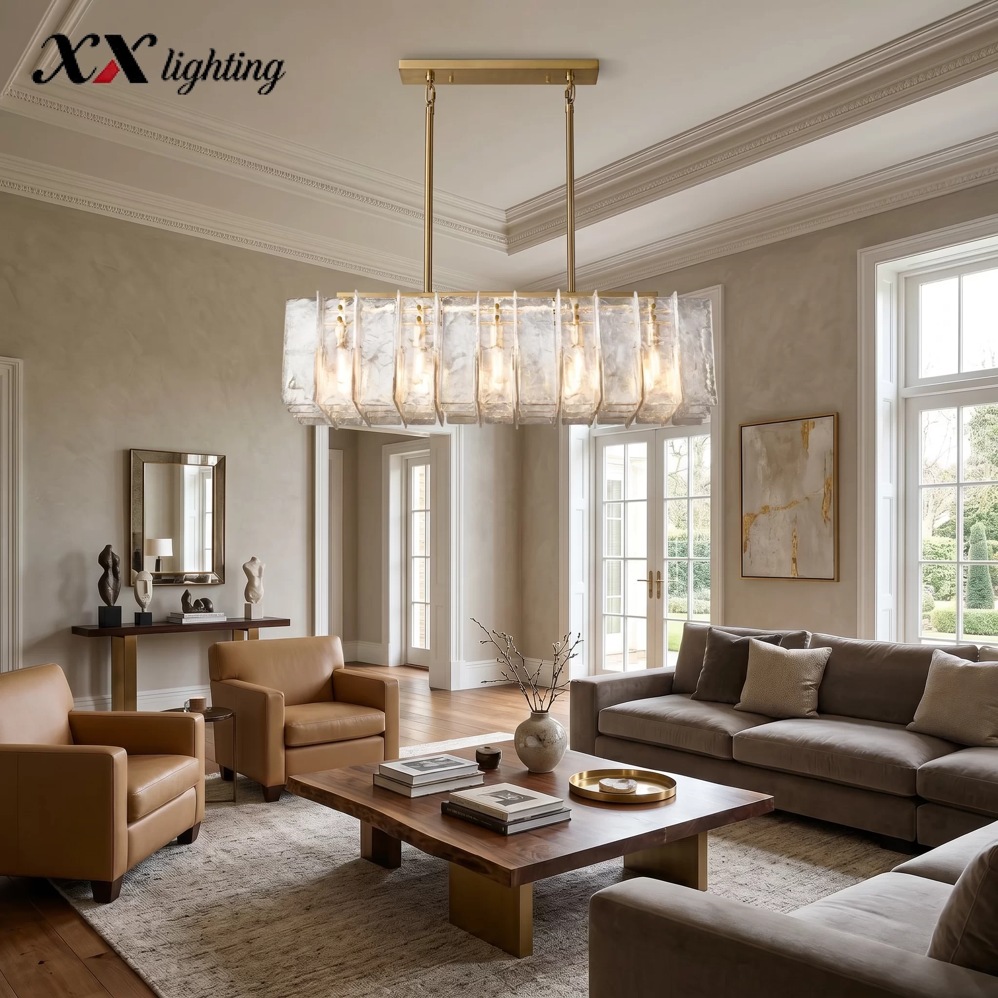 Lattice Clear Glass Rectangular Chandelier 49″ - 67″, Satin Nickel