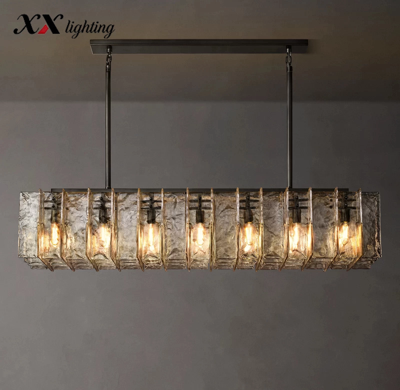 Lattice Clear Glass Rectangular Chandelier 49″ - 67″, Satin Nickel