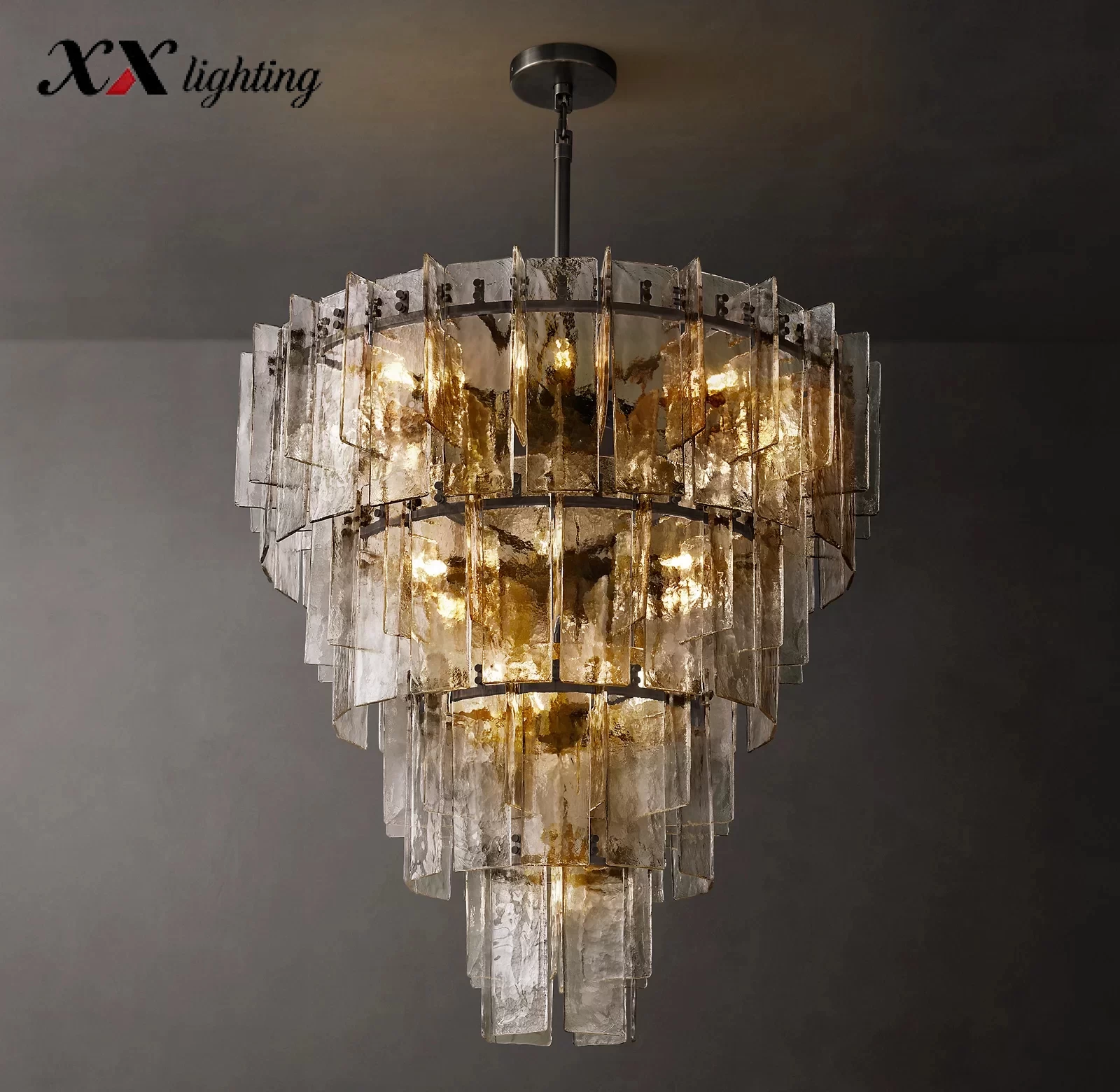 Lattice Clear Glass Tiered Round Chandelier 36″ - 46½″, Satin Nickel