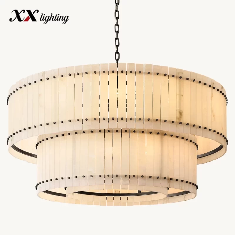 Alabaster Two-Tier Round Chandelier 22½″ - 60″, Polished Nickel