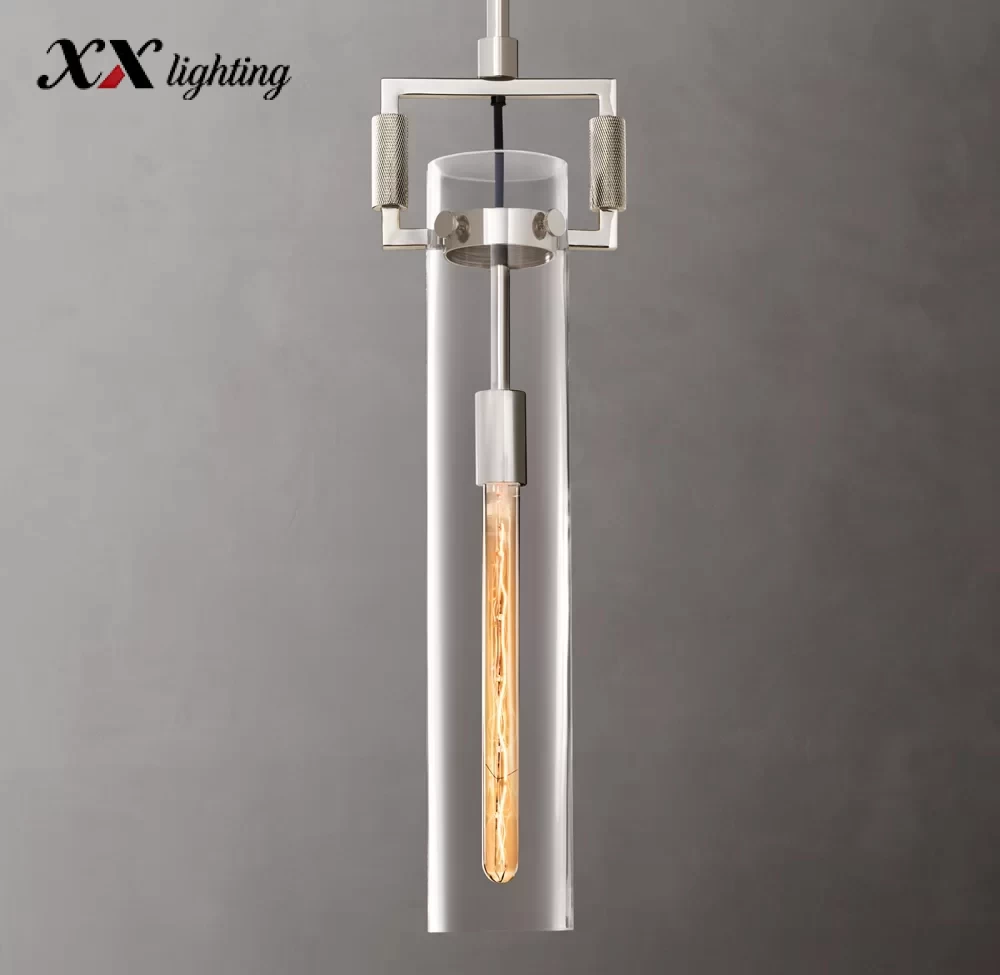 Machinist Glass Cylinder Pendant 12″ - 22″, Polished Nickel