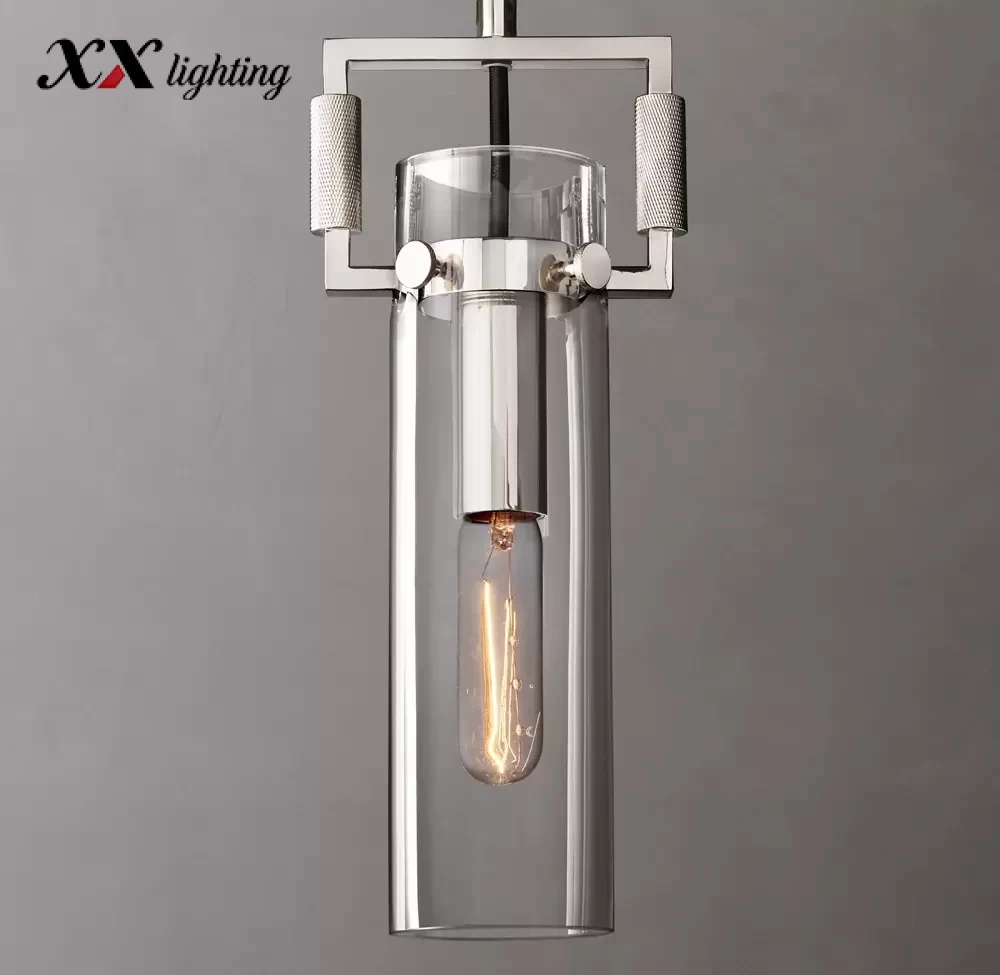 Machinist Glass Cylinder Pendant 12″ - 12″, Polished Nickel
