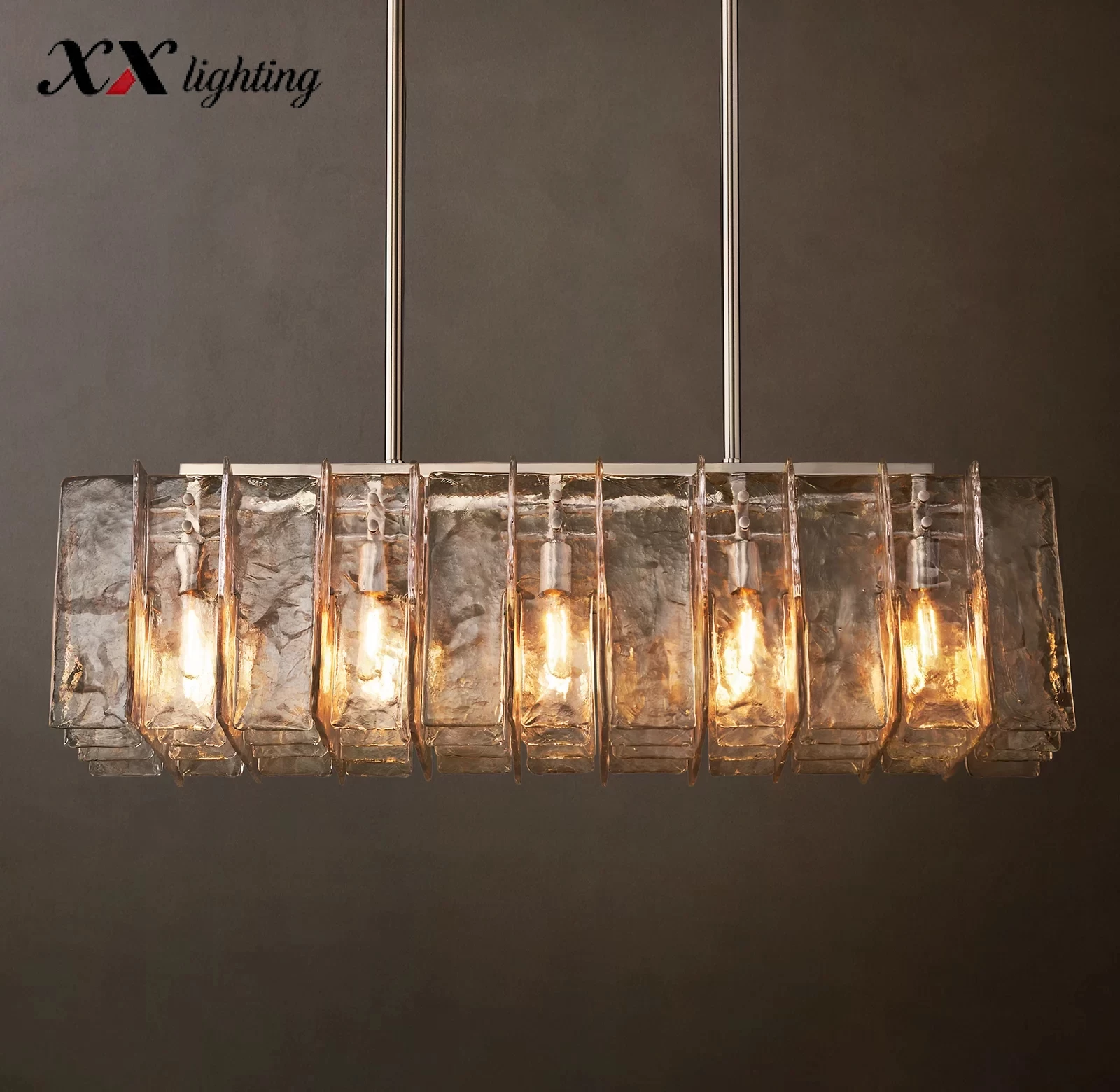Lattice Clear Glass Rectangular Chandelier 49″ - 67″, Satin Nickel