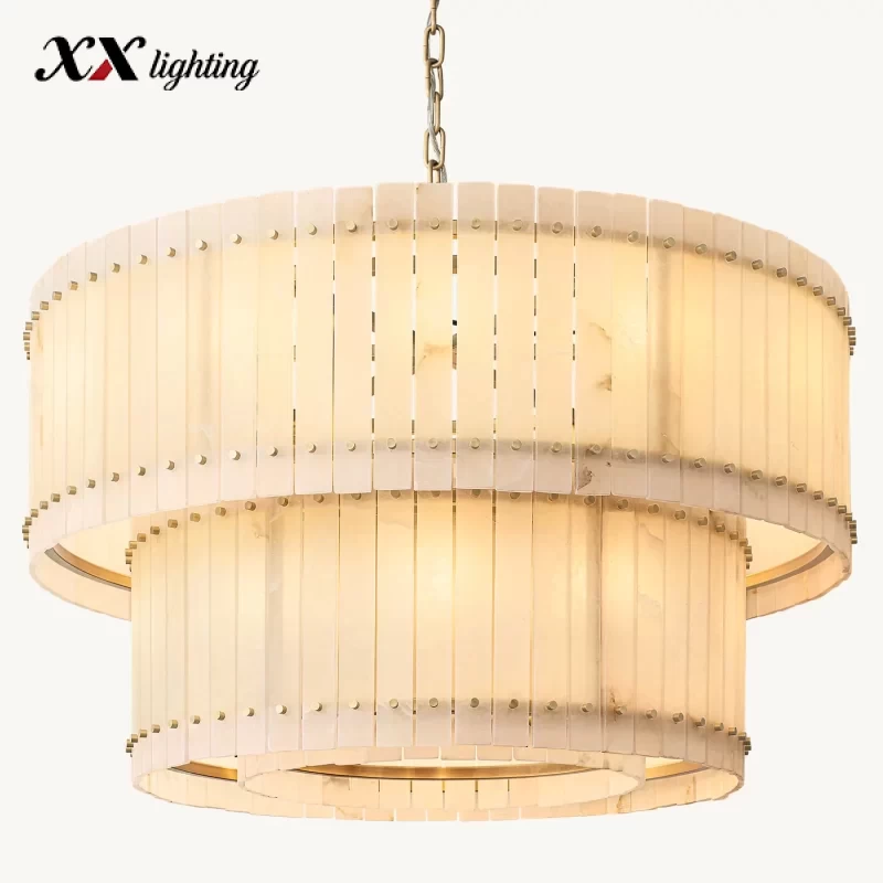 Alabaster Two-Tier Round Chandelier 22½″ - 48″, Polished Nickel
