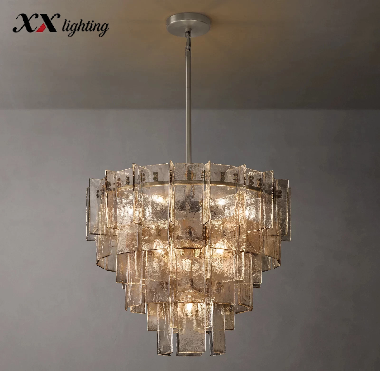 Lattice Clear Glass Tiered Round Chandelier 36″ - 36″, Satin Nickel