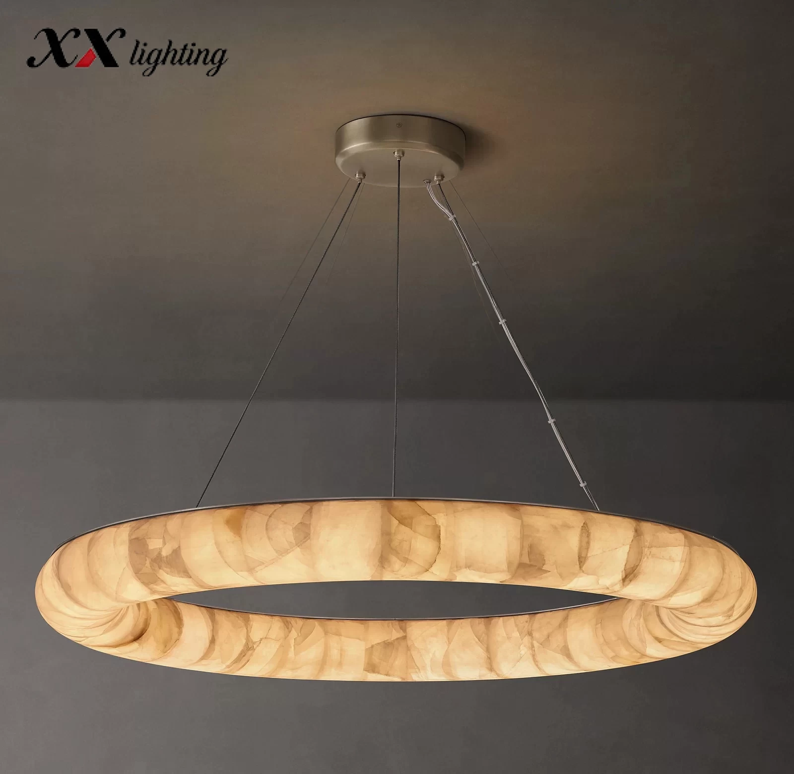 Round Marble Living Room Chandelier 32″ - 41″, Satin Nickel