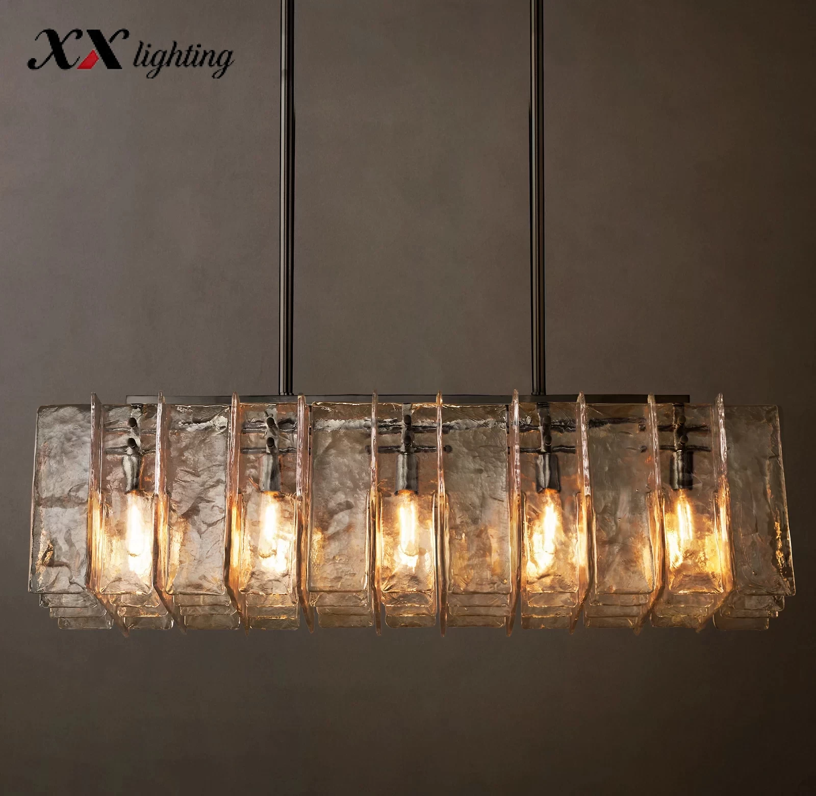 Lattice Clear Glass Rectangular Chandelier 49″ - 49″, Satin Nickel