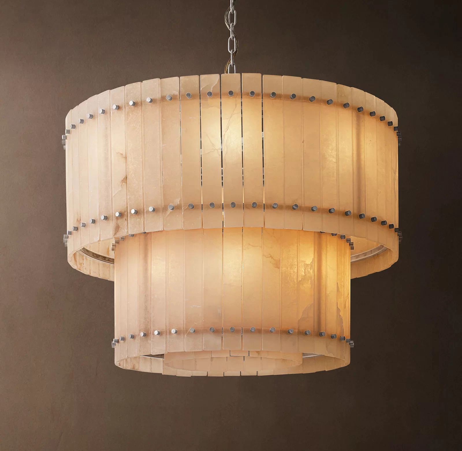 Alabaster Two-Tier Round Chandelier 22½″ - 37″, Polished Nickel