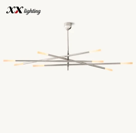 Rousseau 8-Light Mobile Etched Rod Chandelier - 65″, Polished Nickel