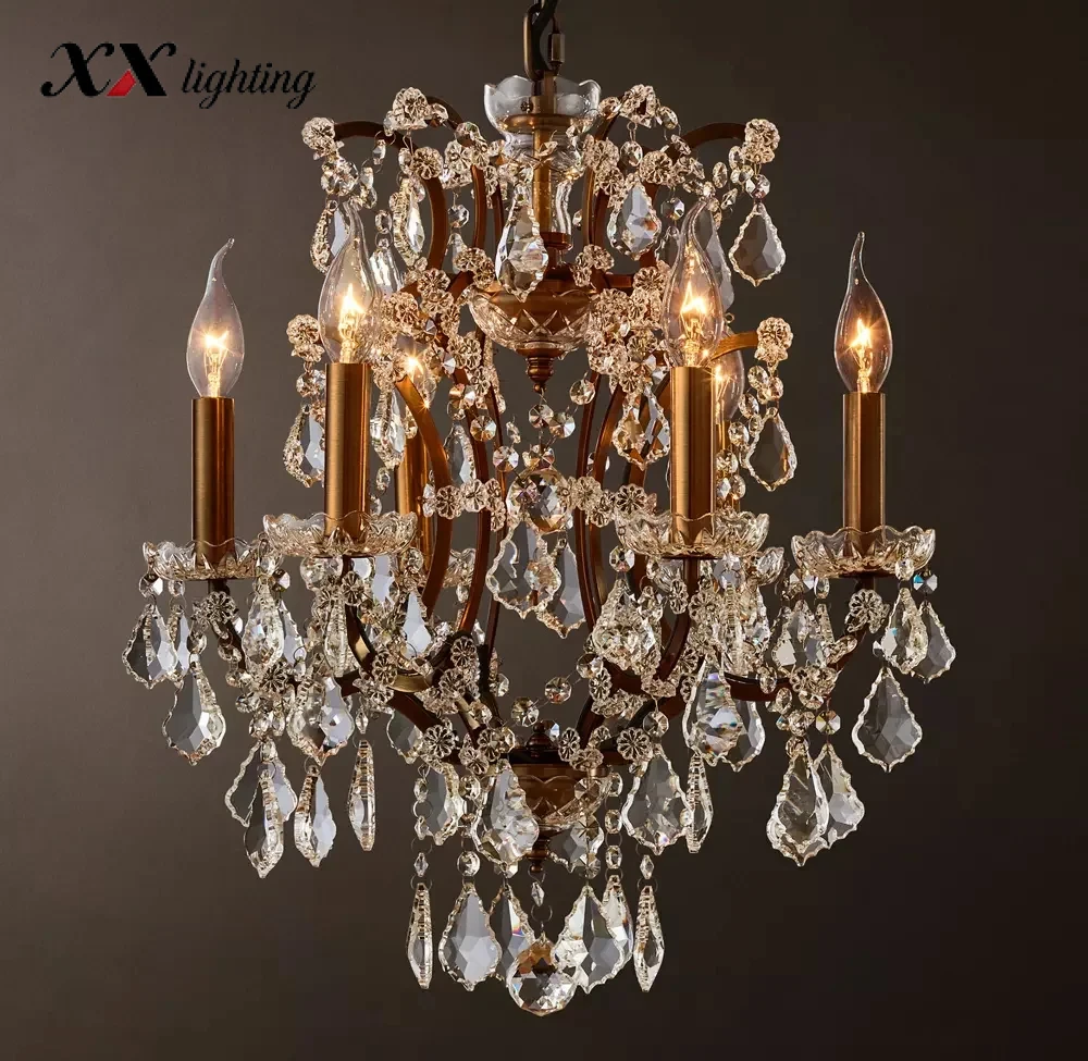 19Th C. Rococo Iron & Crystal Round Chandelier - 18¼", Antiqued Brass