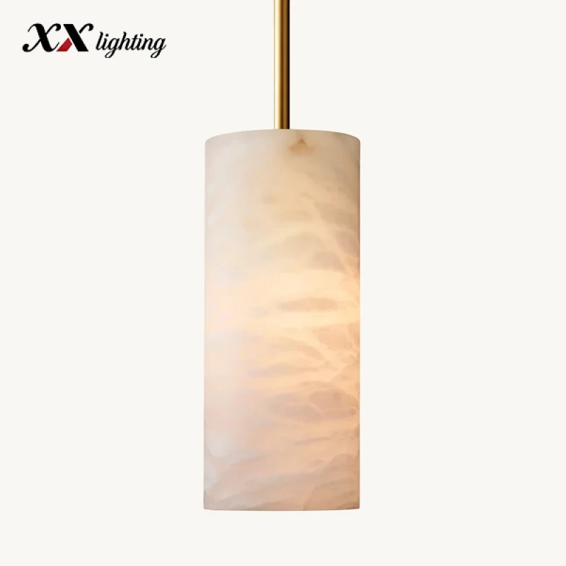 Hand-Carved Alabaster Cylinder Pendant Light 9 inch - 14″, Polished Nickel