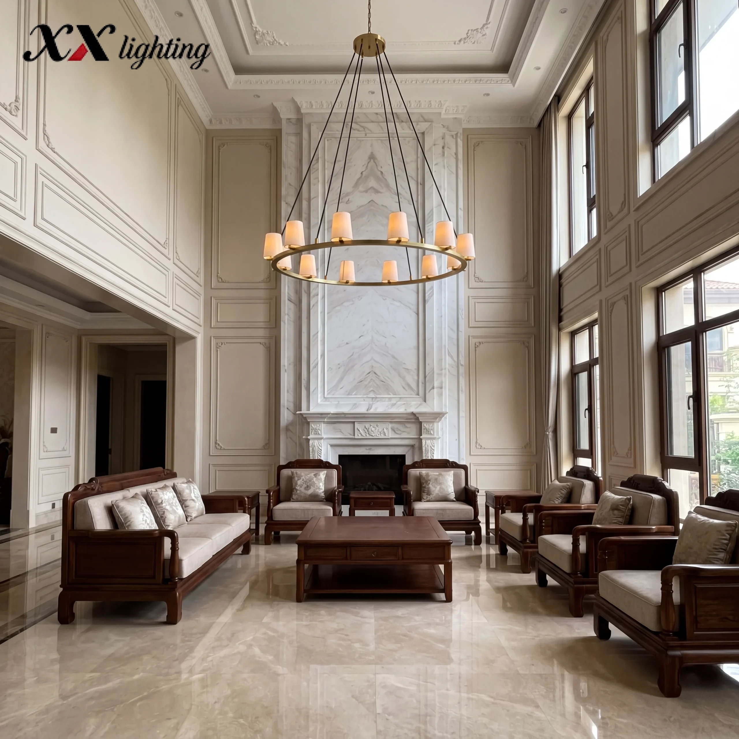 Pauillac Fabric Shade Round Chandelier 36 inch - 48", Polished Nickel