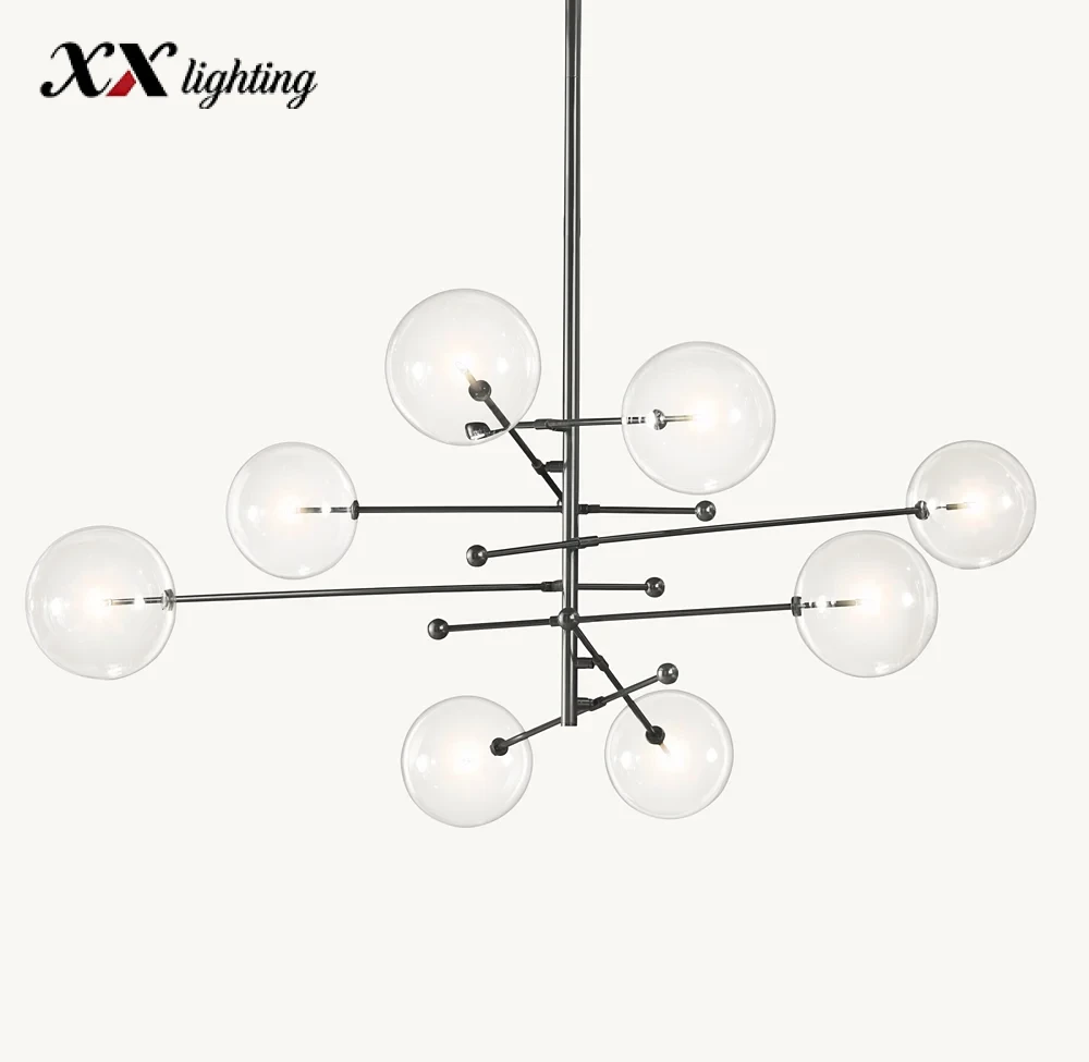 Glass Globe Mobile Eight-Arm Chandelier - 78½″, Polished Nickel