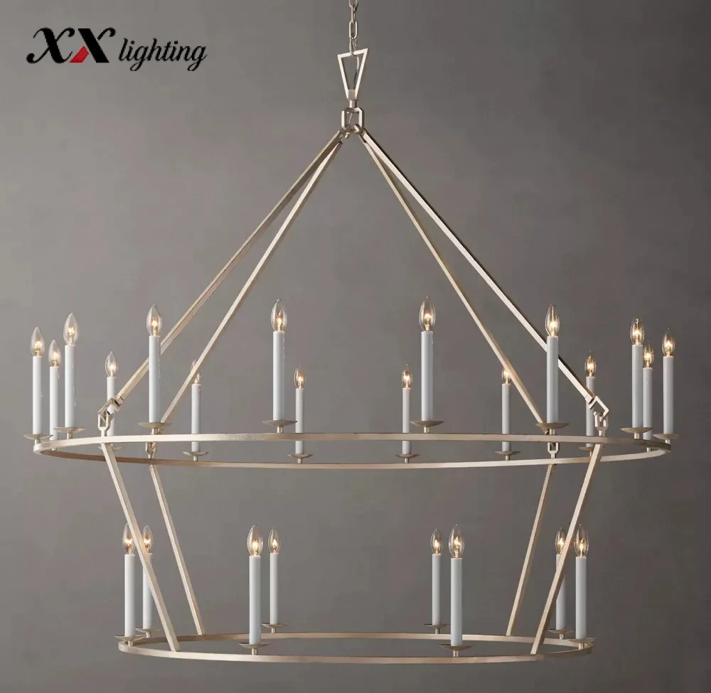 19Th C. English Openwork Two-Tier Round Chandelier 40 inch - 62", Burnished Silver Leaf