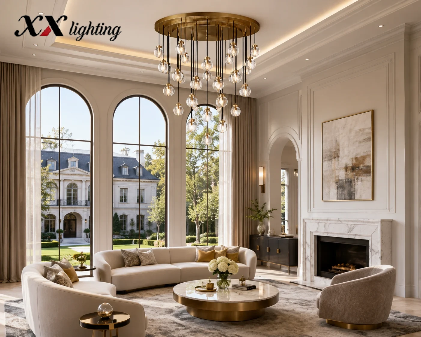 Pearl Round Chandelier 22 inch - 48″, Satin Nickel