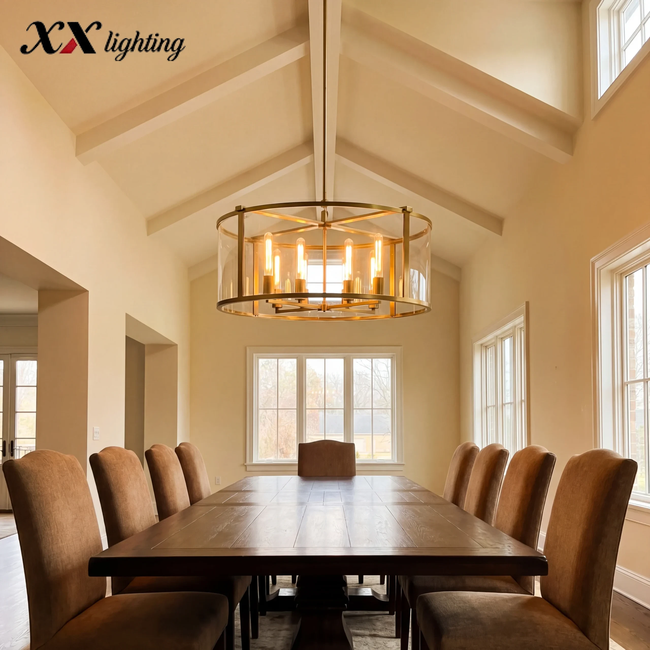 Beckman Round Chandelier 33 inch - 44", Lacquered Burnished Brass