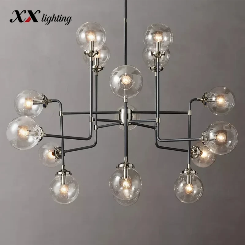 Bistro Globe Clear Glass Chandelier 34 inch - 56", Polished Nickel
