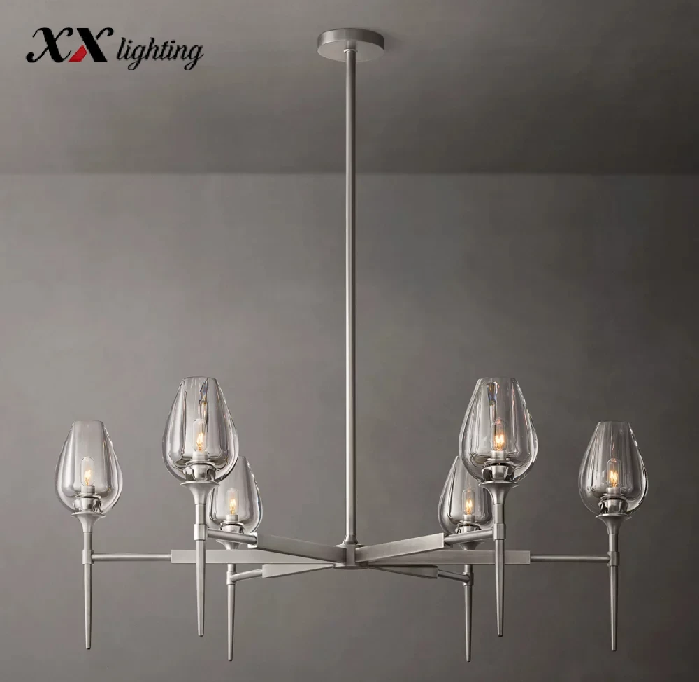 Tulip Round Chandelier 27 inch - 42", Satin Nickel