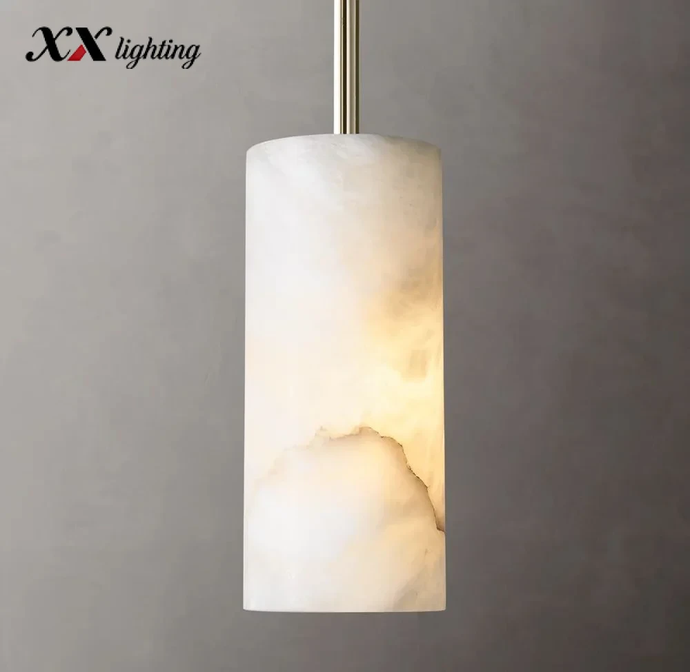 Hand-Carved Alabaster Cylinder Pendant Light 9 inch - 9″, Polished Nickel