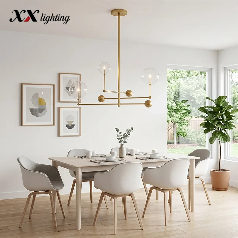 Glass Globe Mobile Three-Arm Chandelier 46 inch - 46″, Polished Nickel