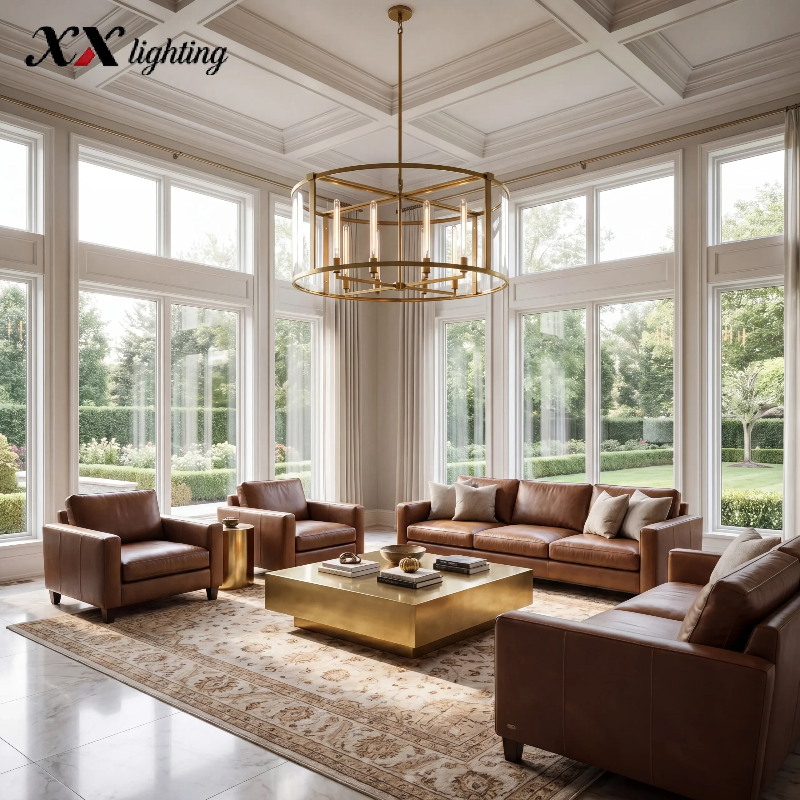 Beckman Round Chandelier 33 inch - 55¼", Lacquered Burnished Brass