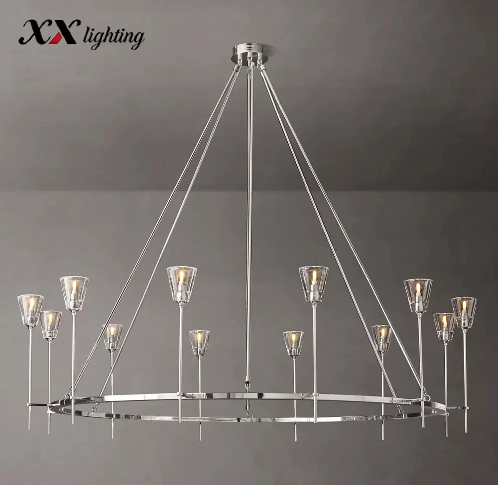 Torche De Verre Round Chandelier - 70″, Polished Nickel