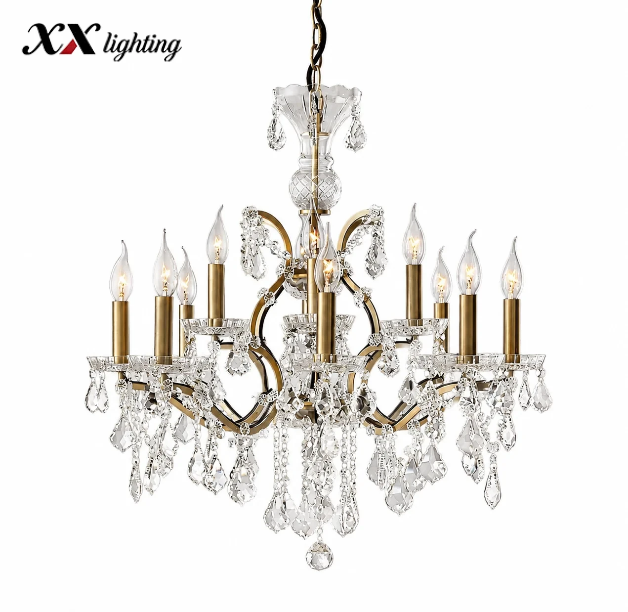 19Th C. Rococo Iron & Crystal Round Chandelier - 27½", Antiqued Brass
