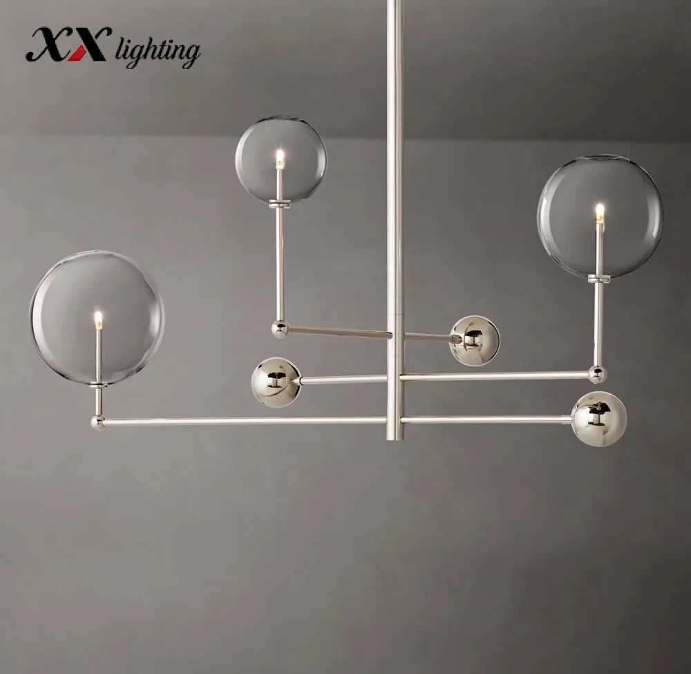 Glass Globe Mobile Three-Arm Chandelier 46 inch - 46″, Polished Nickel