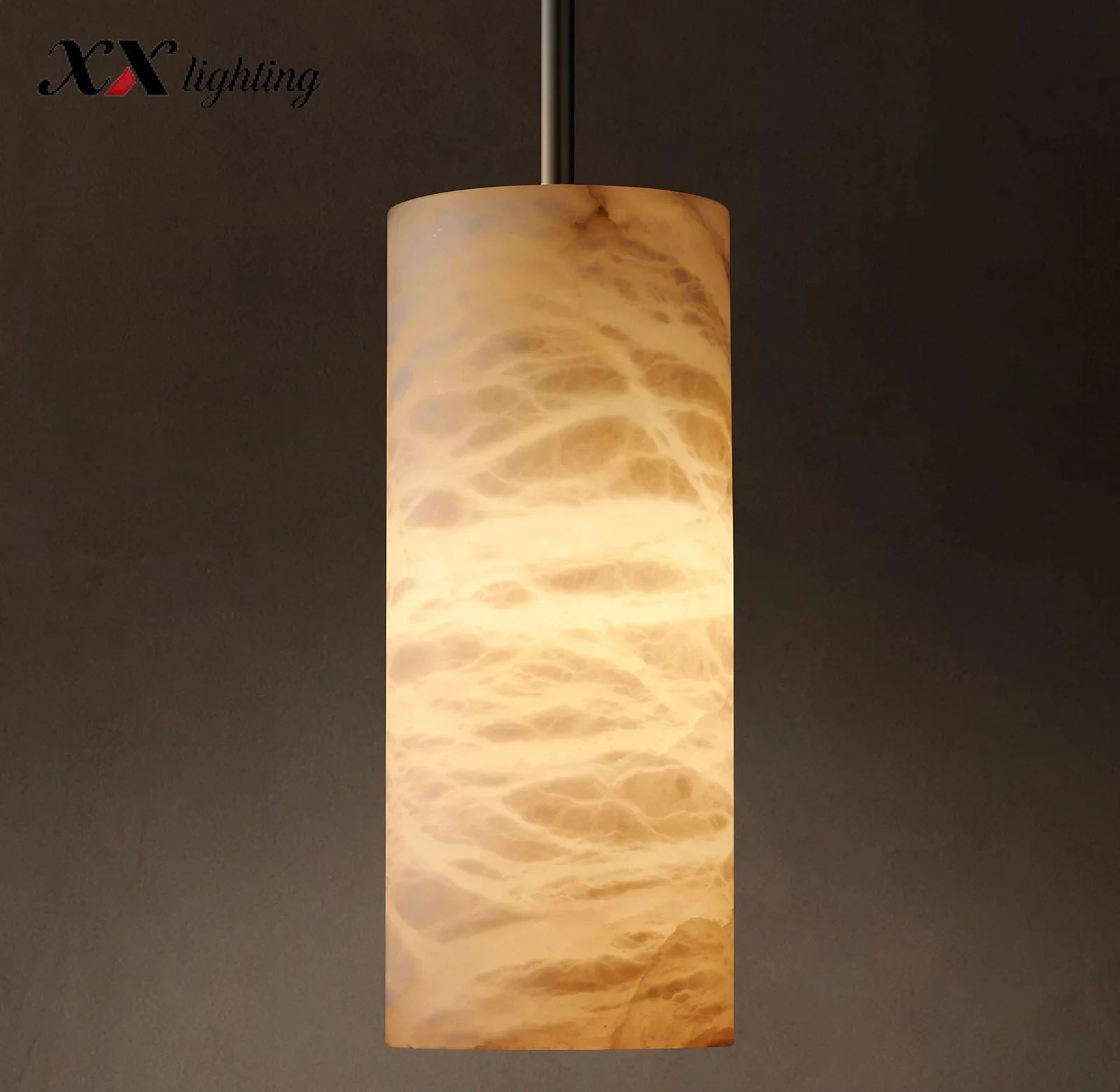 Hand-Carved Alabaster Cylinder Pendant Light 9 inch - 12″, Polished Nickel