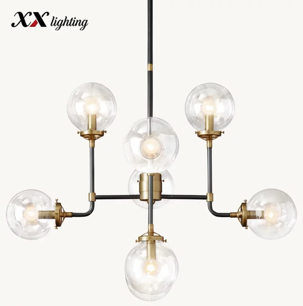 Bistro Globe Clear Glass Chandelier 34 inch - 34", Polished Nickel