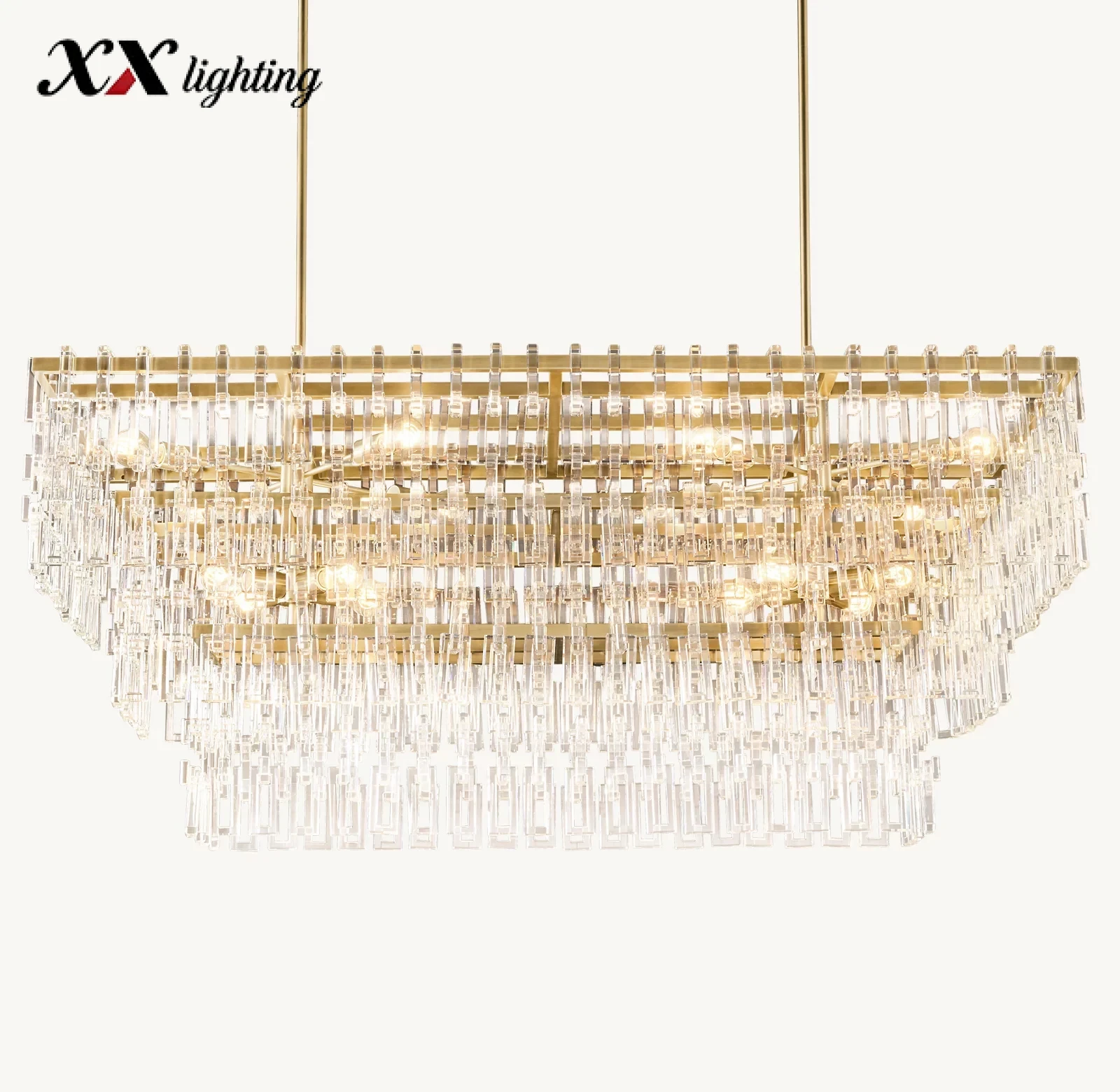 Marignan Tiered Rectangular Chandelier - 62½ ", Lacquered Burnished Brass