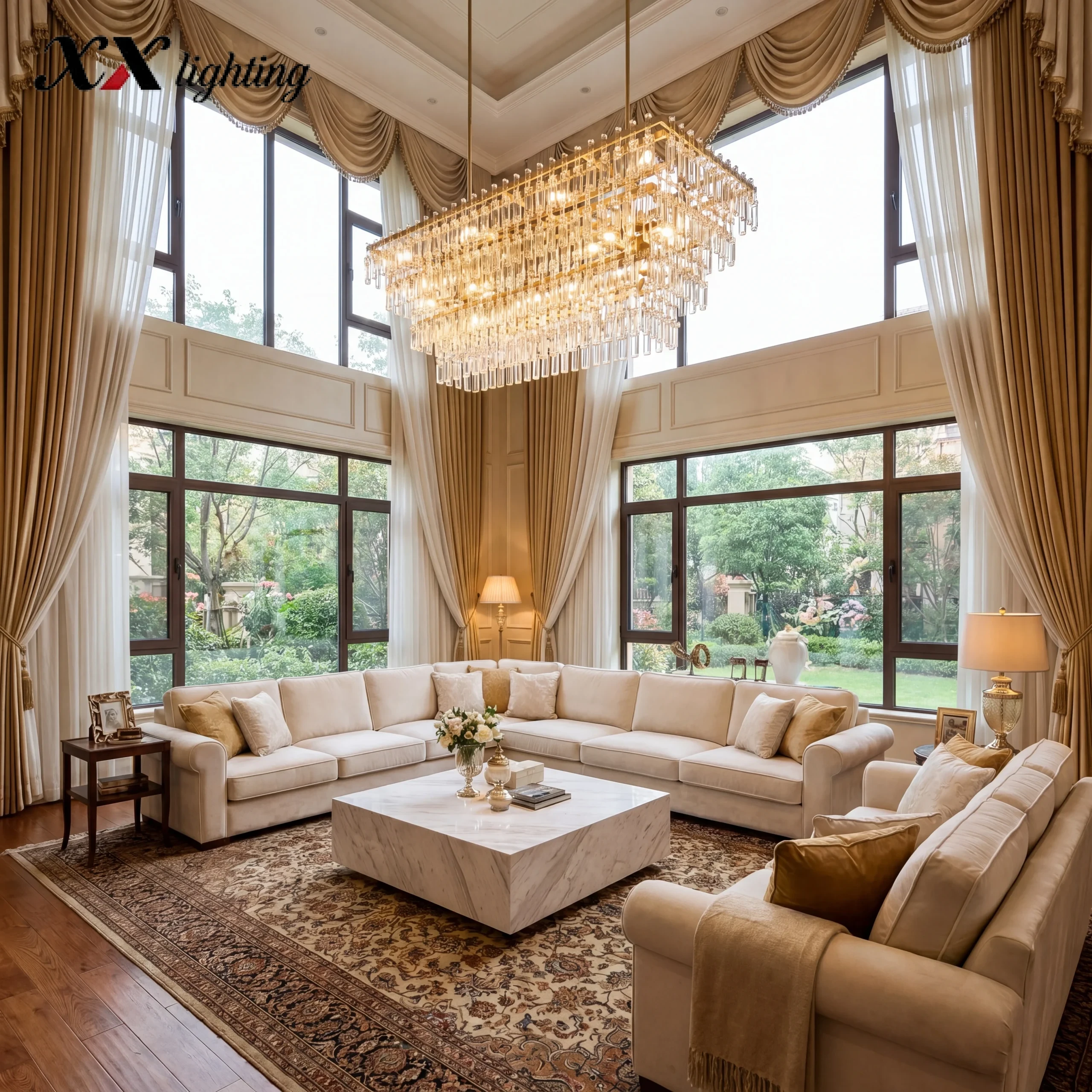 Marignan Tiered Rectangular Chandelier - 62½ ", Lacquered Burnished Brass