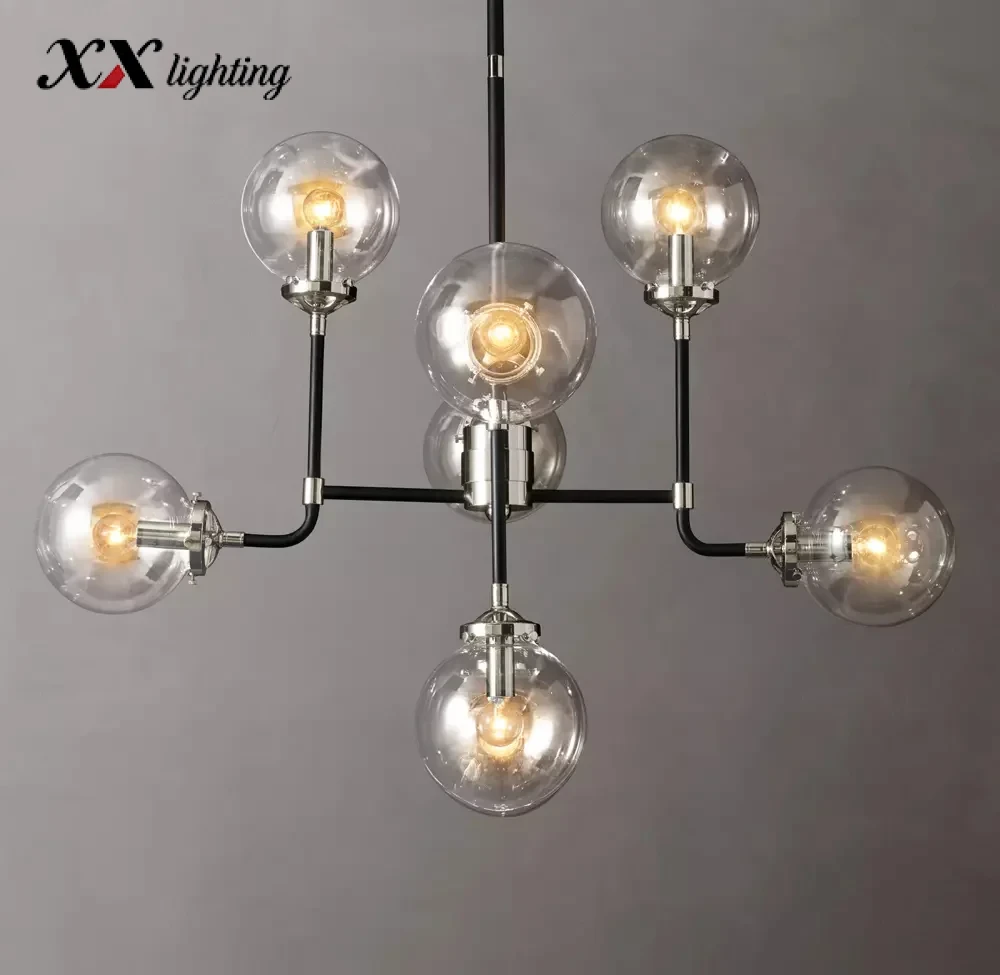 Bistro Globe Clear Glass Chandelier 34 inch - 34", Polished Nickel