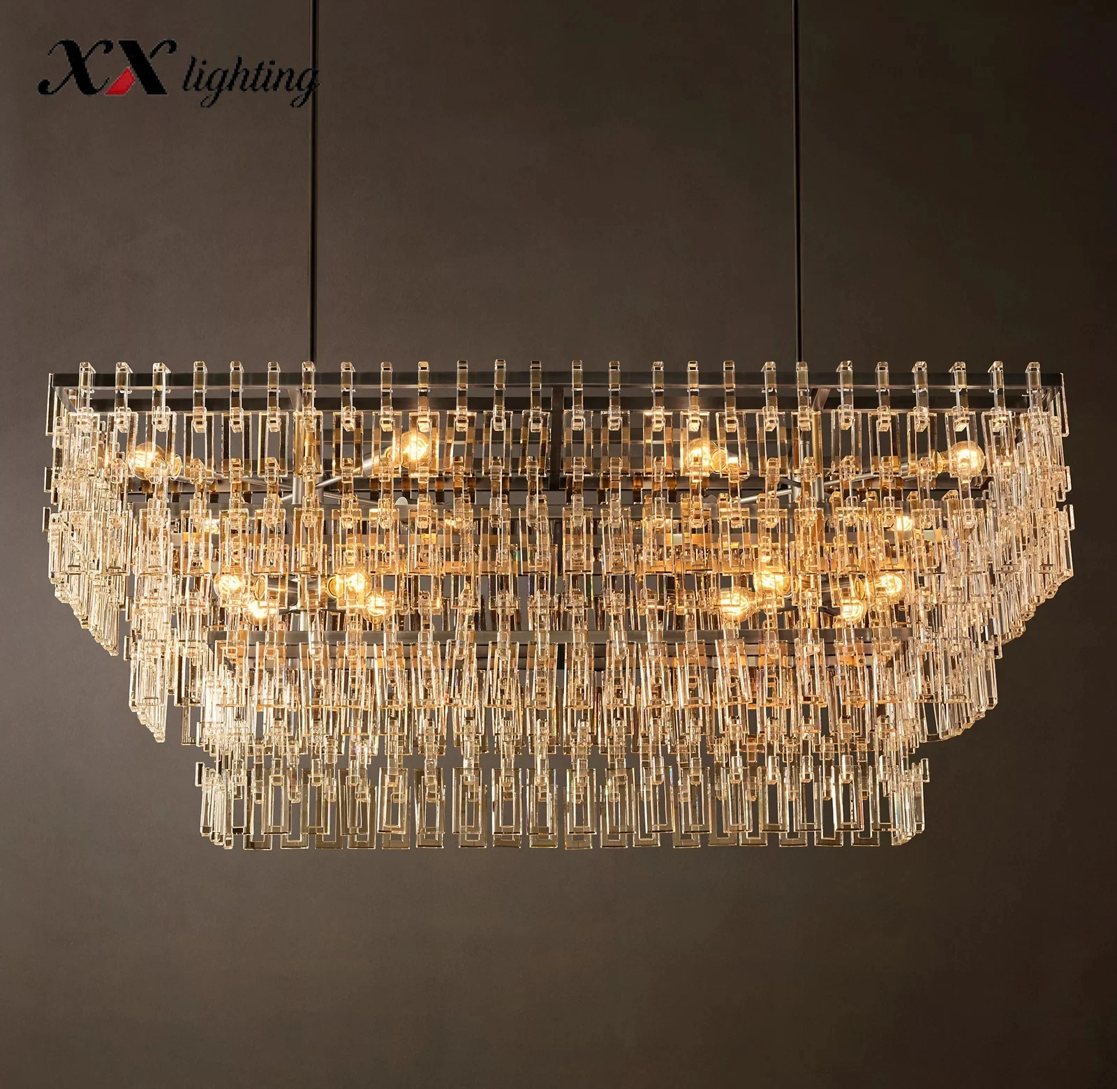Marignan Tiered Rectangular Chandelier - 62½ ", Lacquered Burnished Brass