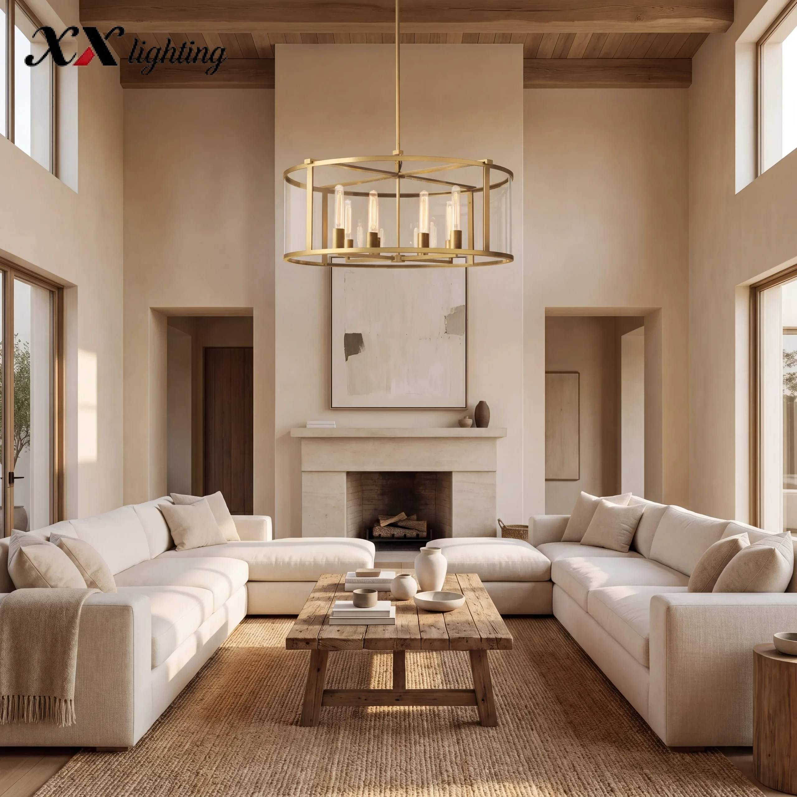 Beckman Round Chandelier 33 inch - 33", Lacquered Burnished Brass