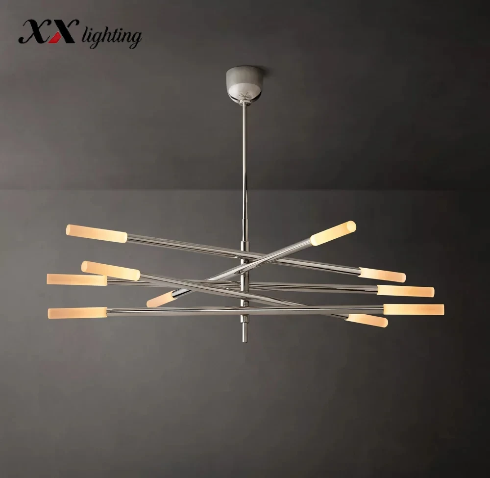 Rousseau 10-Light Mobile Etched Rod Chandelier - 50″, Polished Nickel