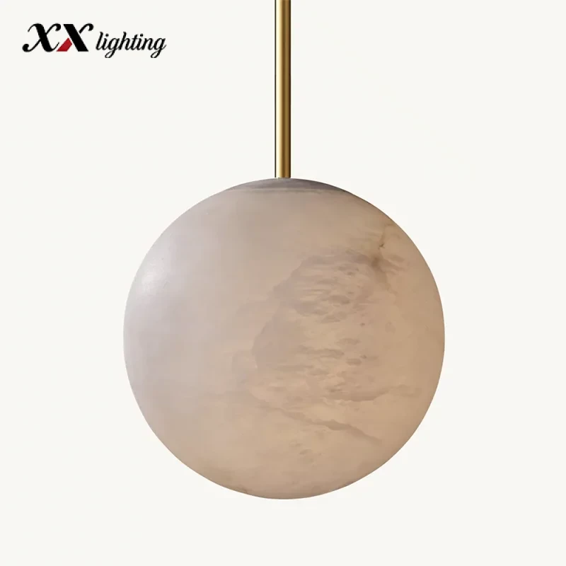Hand-Carved Alabaster Globe Pendant Light 12 inch - 14", Polished Nickel
