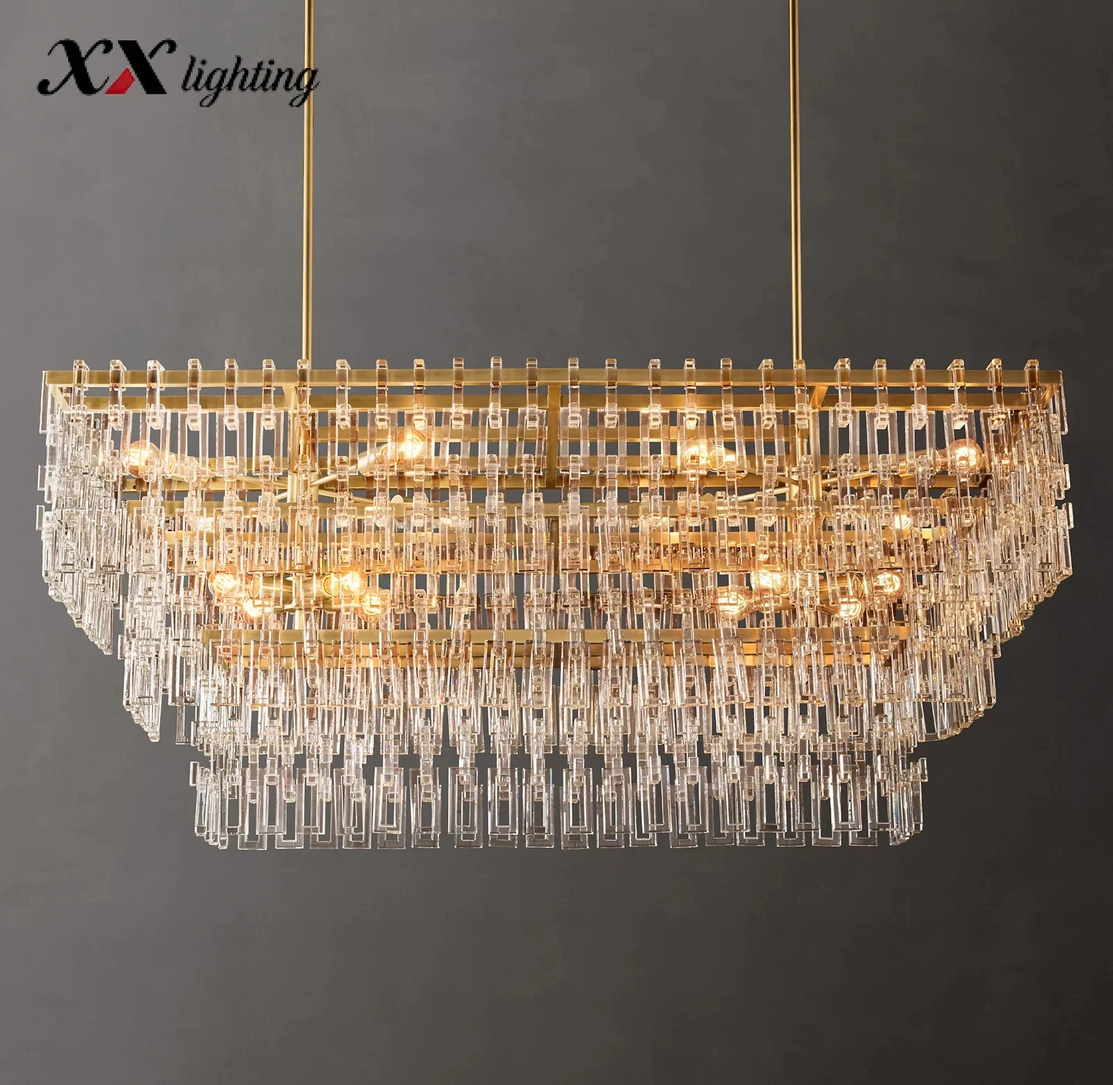 Marignan Tiered Rectangular Chandelier - 62½ ", Lacquered Burnished Brass