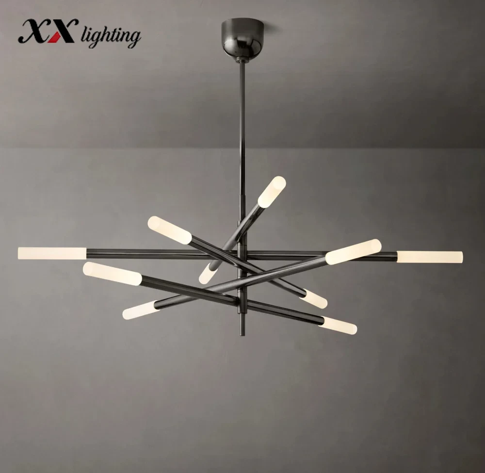 Rousseau 10-Light Mobile Etched Rod Chandelier - 50″, Polished Nickel