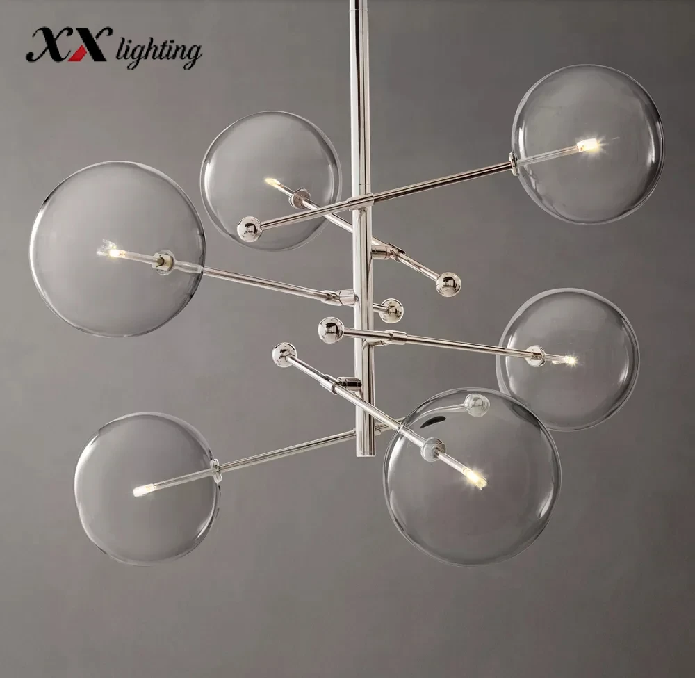 Glass Globe Mobile Six-Arm Chandelier - 55″, Polished Nickel