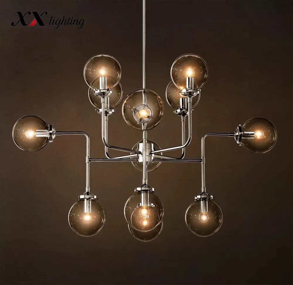 Bistro Globe Clear Glass Chandelier 34 inch - 42", Polished Nickel