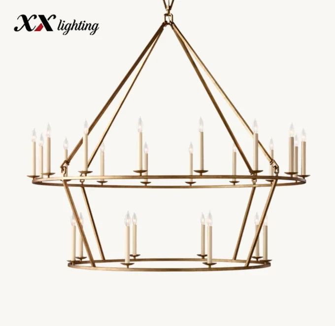 19Th C. English Openwork Two-Tier Round Chandelier 40 inch - 62", Burnished Silver Leaf