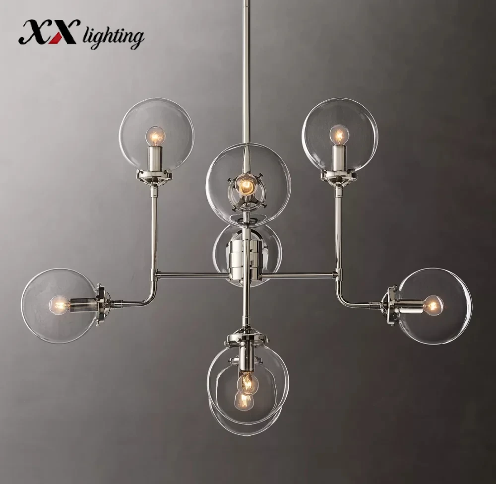 Bistro Globe Clear Glass Chandelier 34 inch - 34", Polished Nickel